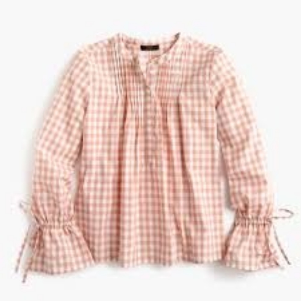 J Crew Tie-sleeve top w/pin tucks in gingham TXXL